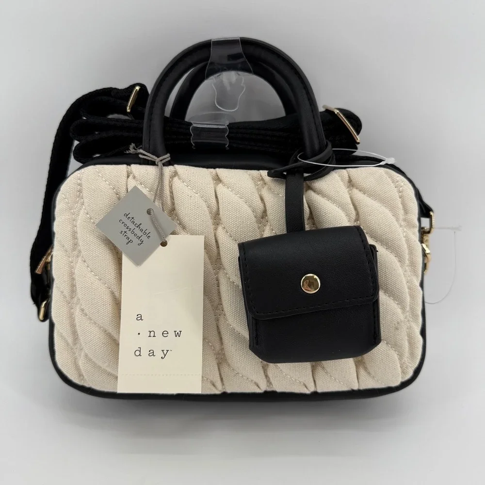A New Day East West Satchel Handbag‎ Quilted Detachable Crossbody Strap Beige